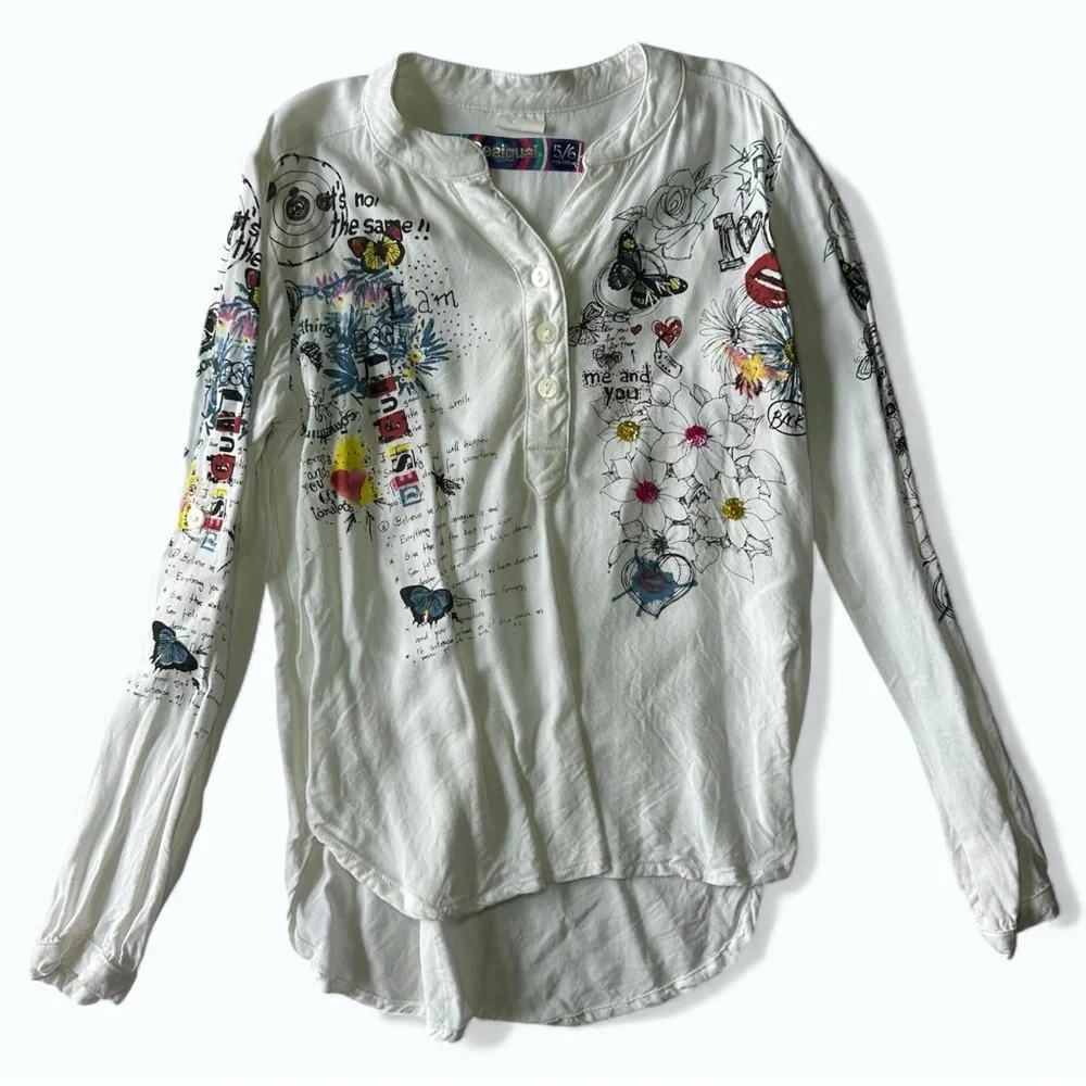 Desigual Artsy Floral Graphic White Long Sleeve Top Girls 5/6